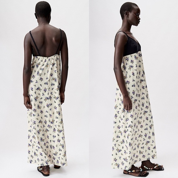 NWT ZARA Floral Satin Sleeveless V-Neck Crochet Bodice Empire Waist Slip Dress S - Picture 3 of 8